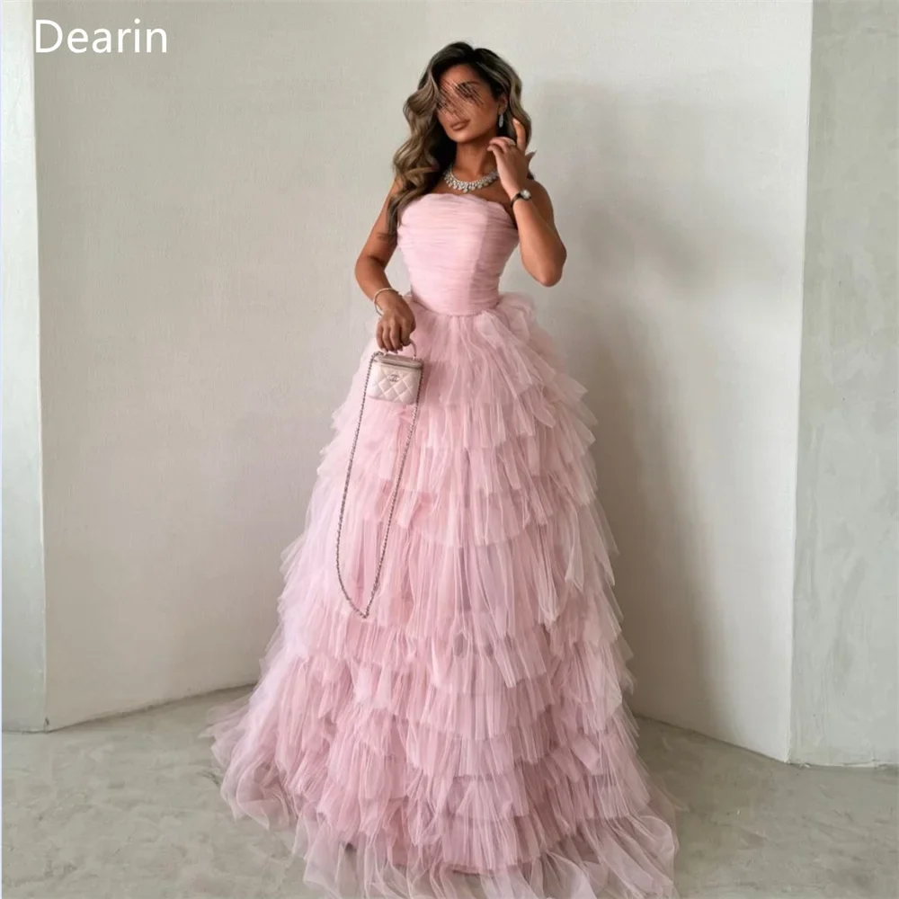 Abito da ballo personalizzato da donna formale Dearin senza spalline con lunghezza al pavimento gonne drappeggiate a strati in tulle con balze senza maniche su misura Oc