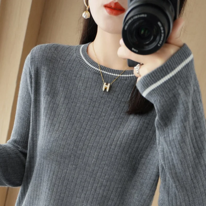 Women's Sweater 2022 New Autumn Winter Knitted Pullovers Round Neck Slim Fit Bottoming Shirt Color Blocking Soft Knitwear