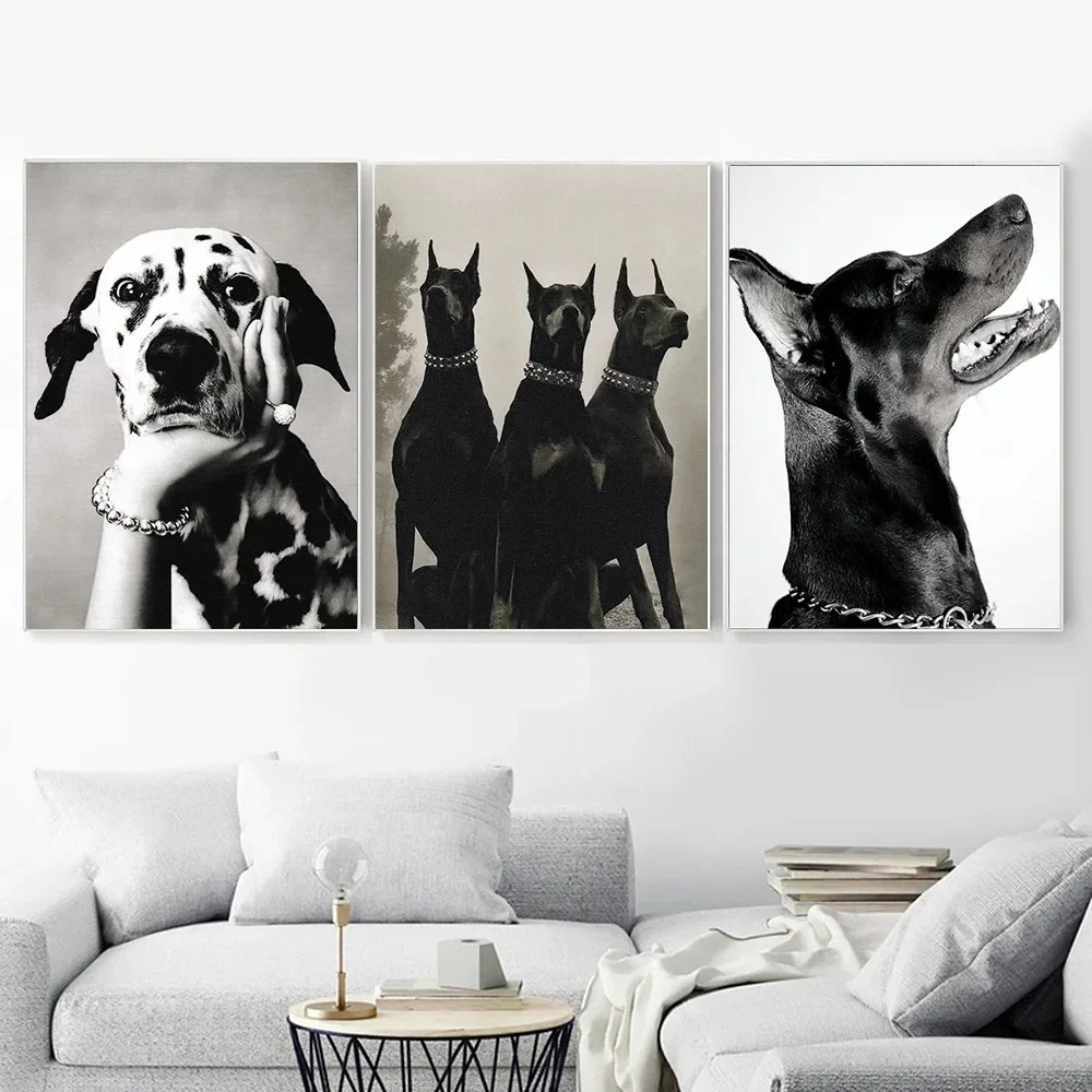 Canvas Painting Fashion Black White Animal Dog Poster,Vintage Doberman Wall Art Print,Pinscher Dalmatians,Luxury Room Home De