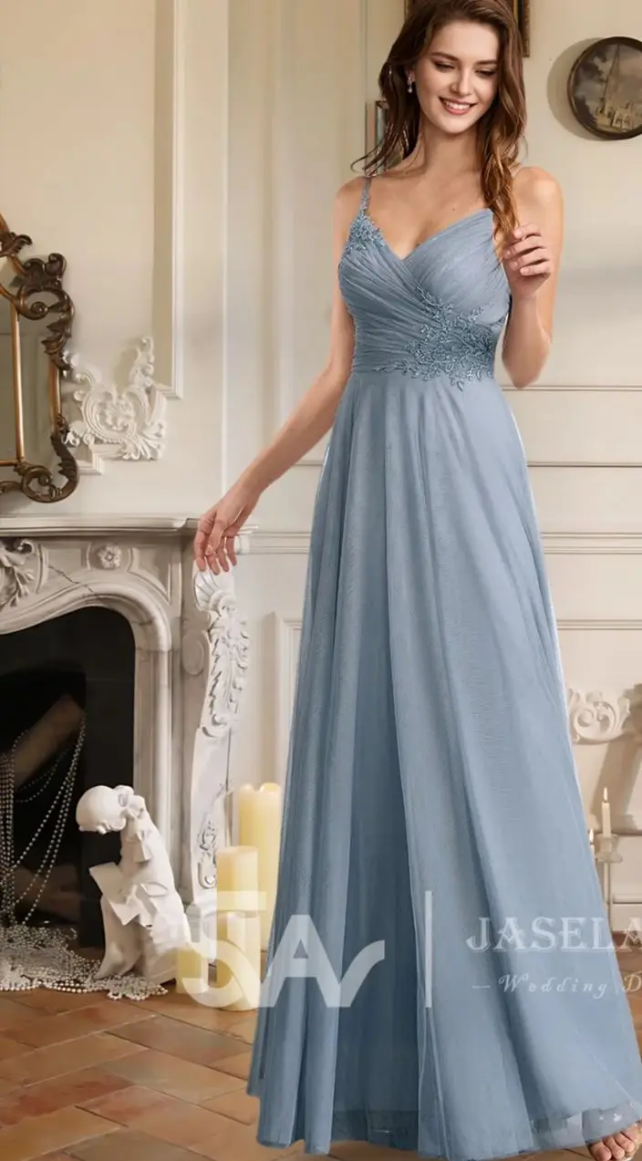 GHK Bridesmaid Dresses A-Line V-Neck Floor-Length Lace Tulle Wedding Guest Evening Party Cocktail Dresses Woman Wedding Party