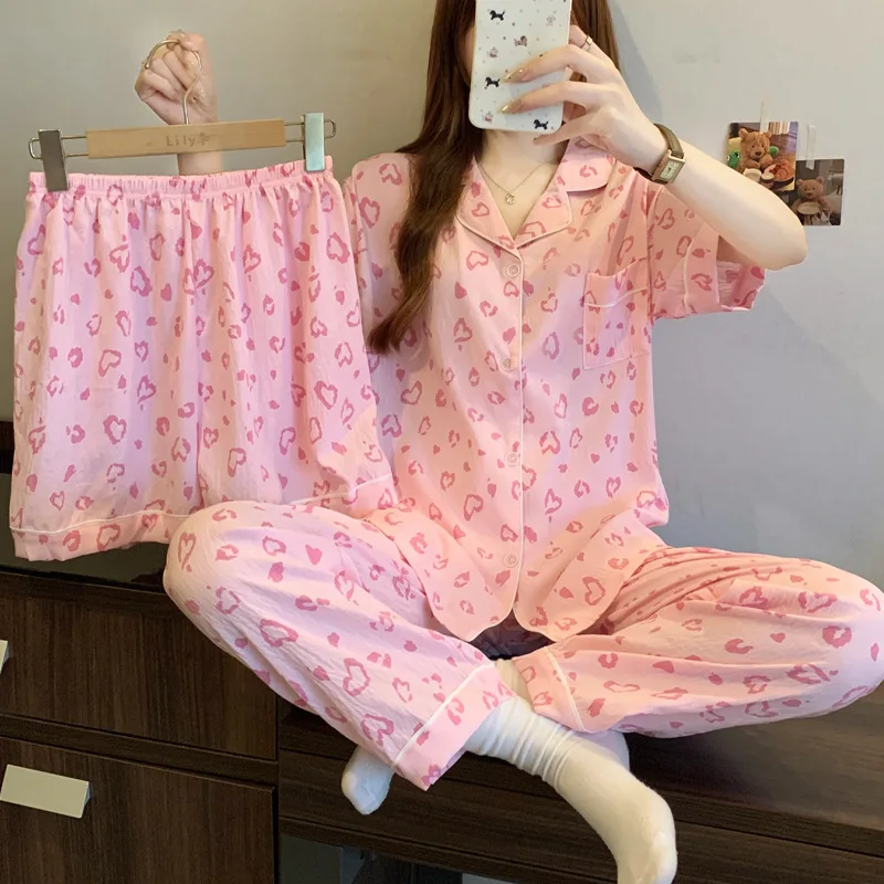 

Cute Girl Heart Leopard Print Short-Sleeve Pajamas, Women's Summer New Cloud Cotton Three-Piece Set, Casual Loungewear Set