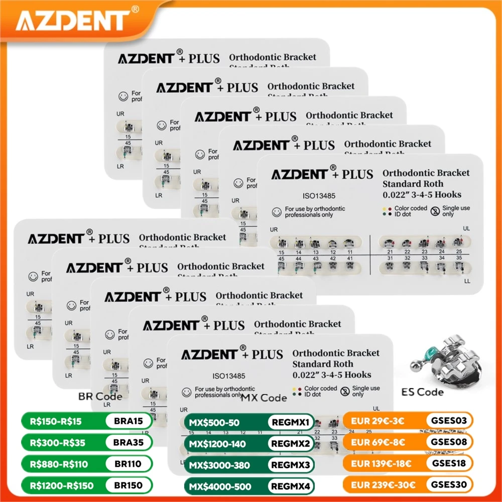 10 pacotes de suportes dentais azdent, aparelho ortodôntico mais metal mini base de malha padrão roth/mbt 0.022/0.018 ganchos 3-4-5 20