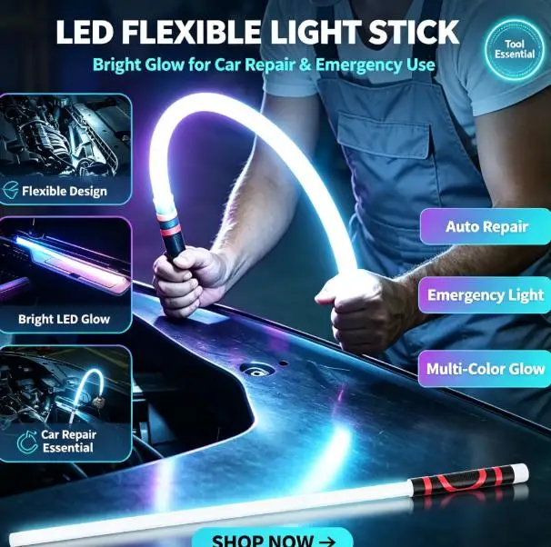 Rechargeable Flexible LED Light Stick Silicone Bendable Mechanical Work Light Multi‑Color Sound‑Activated Waterproof Cordless