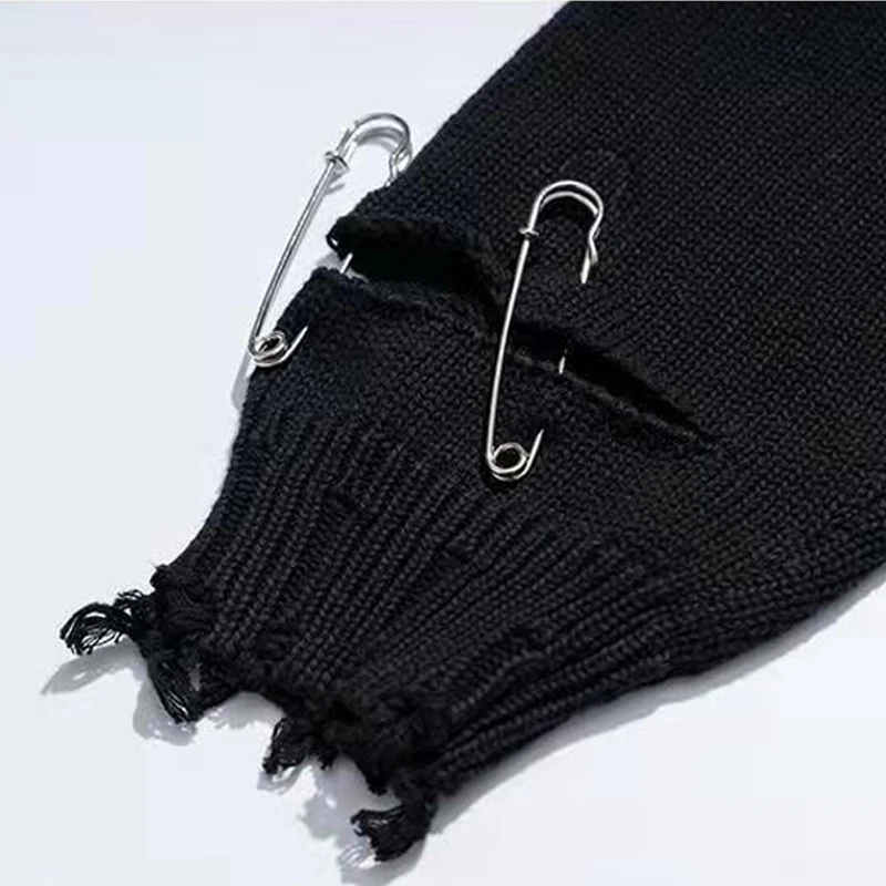 Broken Tie Dye Pins Ripped Holes Knitting Y2K Sweaters Hip Hop Emo Grunge Pullover Harajuku Loose Black Tops Vintage Jumpers 90S
