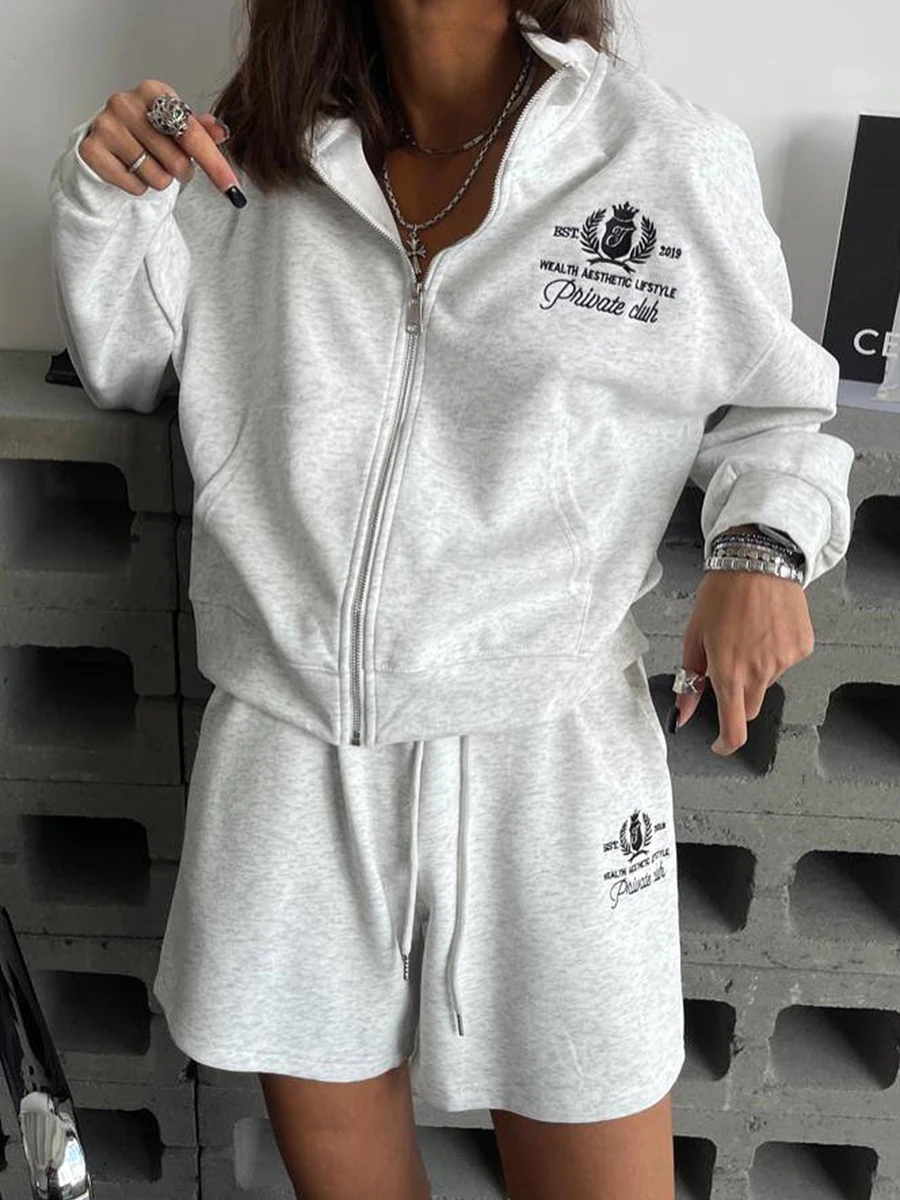 

Letter Embroidery Sweatpants Sets Women Stand Collar Long Sleeve Zipper Sweatshirts Autumn Vintage Casual Thin Sport 2 Piece Set