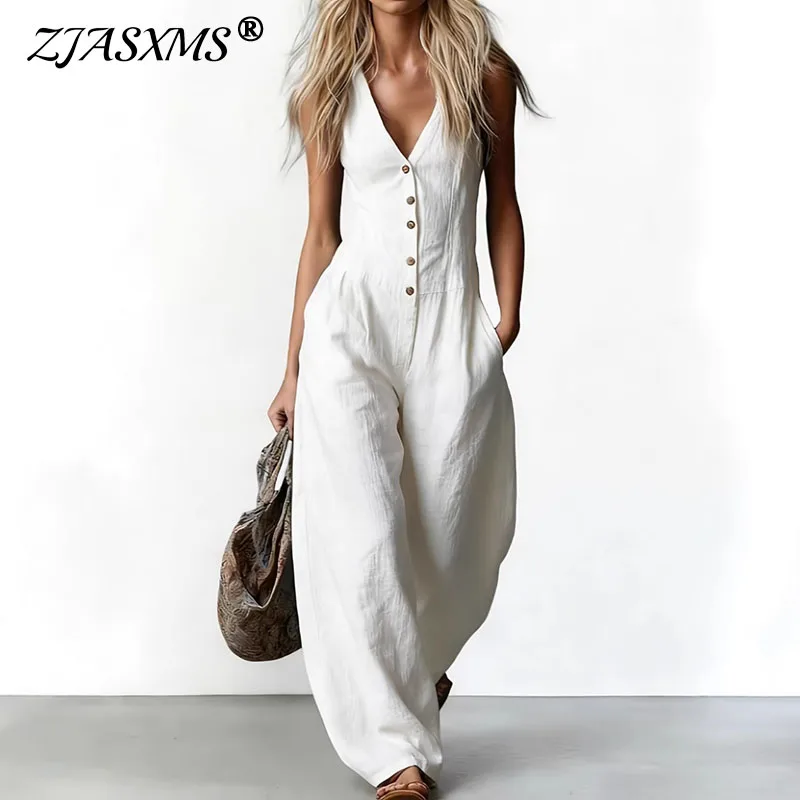 

Fashion 2026 Spring Pocket Wide Leg Jumpsuit Sexy V Neck Button Women's Casual Rompers Summer Sleeveless Vacation Beach Overalls
