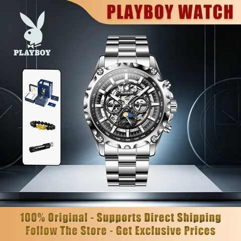 Watches PLAYBOY 3551 Brand original authentic watches for man luxury Gift Box Steel belt hollow mechanical men's watch