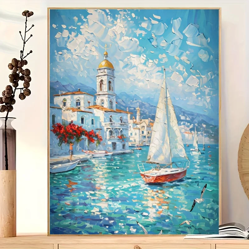 

Digital oil painting DIY canvas kit, romantic coastal sailboat,decoration,suitable for birthday, Valentine's Day, New Year gifts
