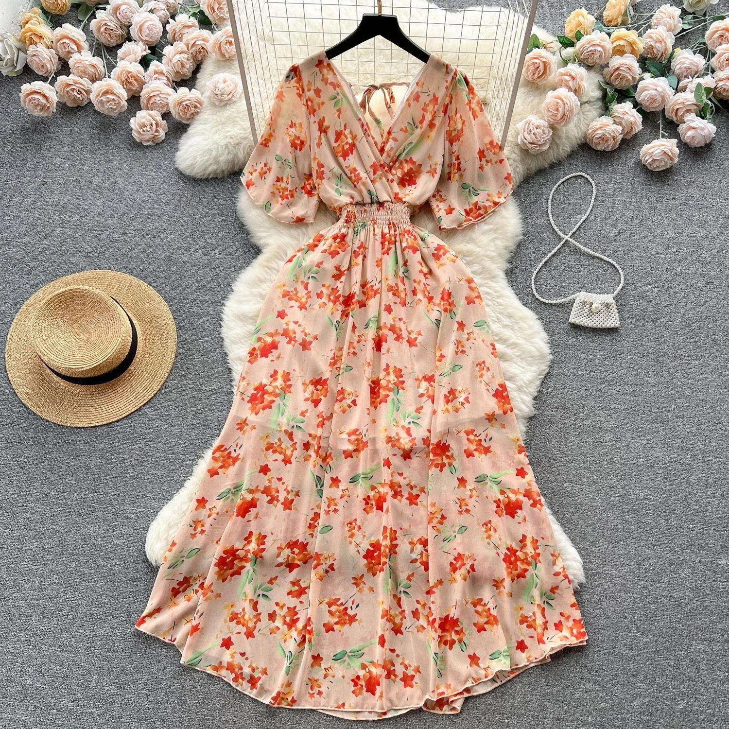 Vestido largo Floral de gasa para mujer, traje coreano de manga corta con cuello V estampado bohemio para fiesta y playa dress