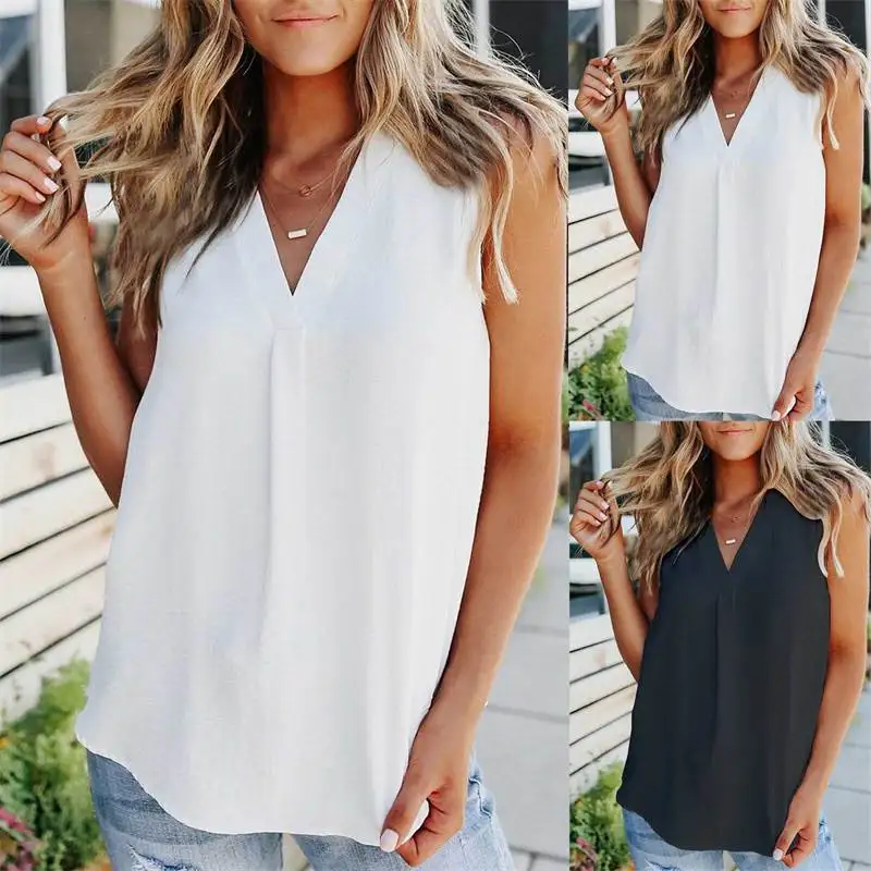 

Summer V Ne Chiffon irt plus Size Svel Women Tops Pure Color Commute Sle OL Sle No Sve Straight Cut irt
