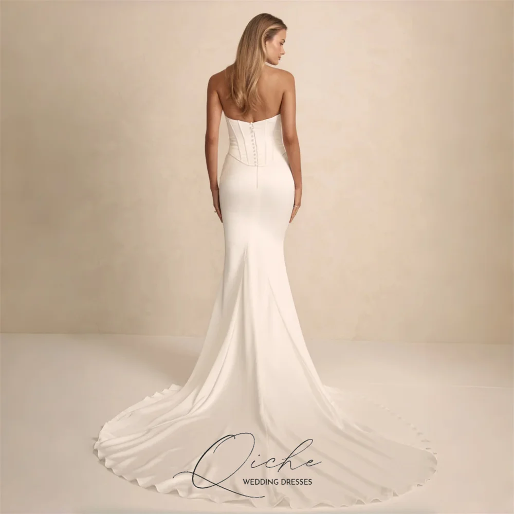 QICHE Moderne Zeemeermin Trouwjurk Vrouwen Plooi V-hals Open Rug Mouwloze Strapless Bruidsjurk Vestidos De Novia Aangepaste