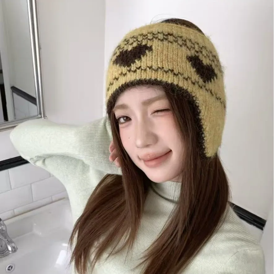 Autumn Winter Knitted Ear Muffs Retro Snowflake Heart Striped Ear Warmers Outfit Vibe Ear Covers Warm Wrap Beanie Cap