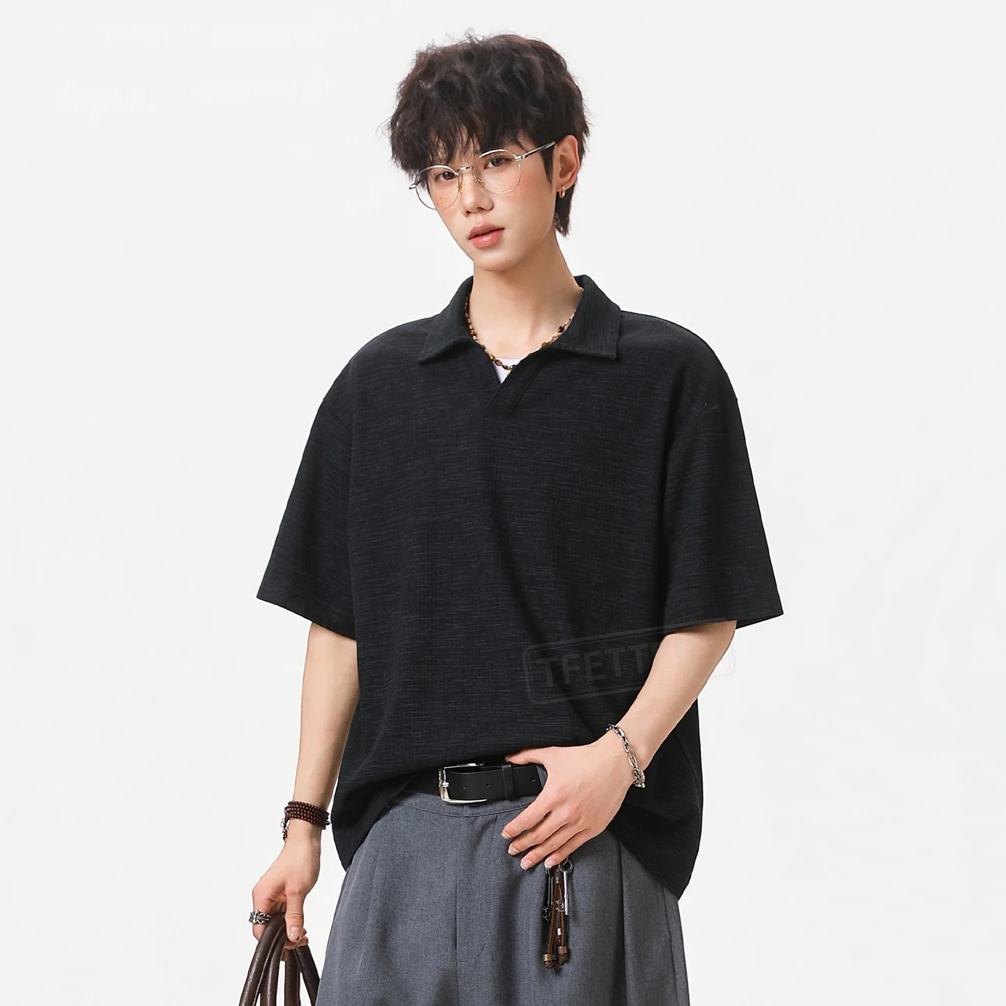 TFETTERS 2026 Summer Old Money Men Polo Shirt Loose Fit Half Sleeve Solid Color Henry Collar Light Gray Teen Top Tee for Man