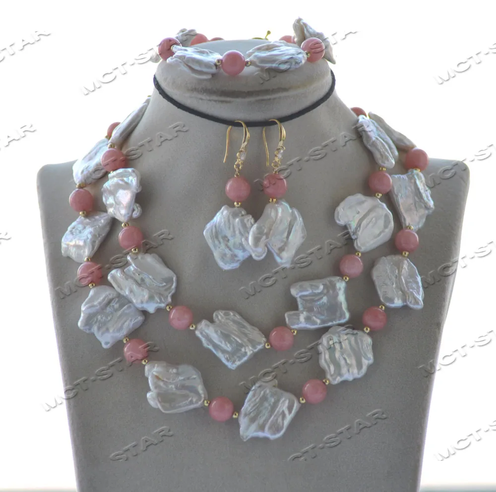 Z12533 Set 28mm Baroque Coin Keshi White Pearl Pink Jade Necklace Bracelet Earring