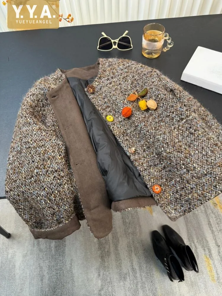 

Winter Office Female Coffee Keep Warm Woolen Tweed Jacket O Neck Single Breasted Elegant Lady Down Coat Fashion Casual Outerwear