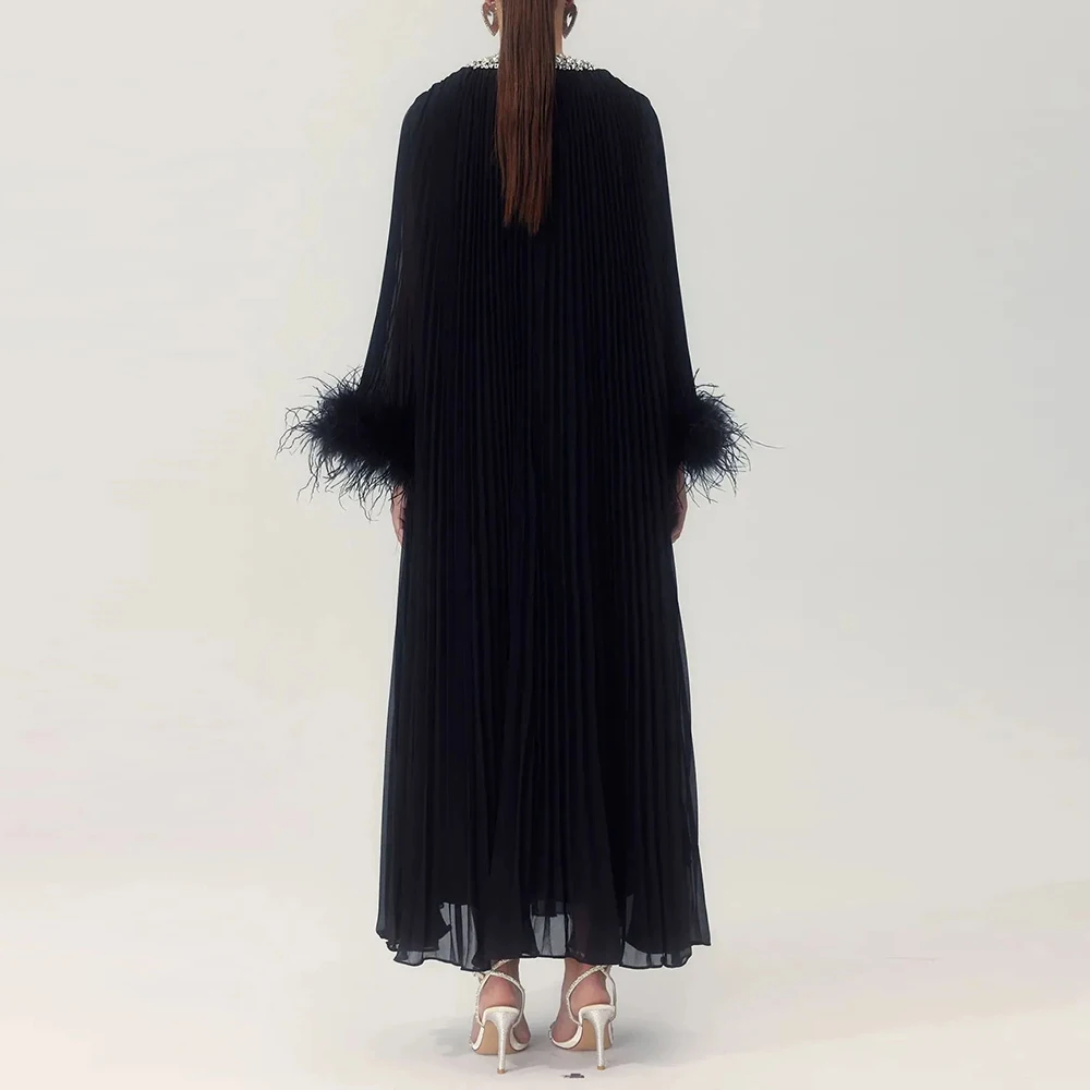 TWOTWINSTYLE Solid Loose Spliced Feather Dresses for Women Round Neck Long Sleeves Patchwork Diamonds Dress Female Clothing New