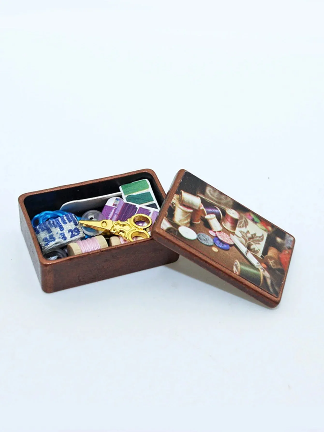 1 set of dollhouse miniature sewing box, featuring mini threads, scissors, ruler models, with some colors selected at random