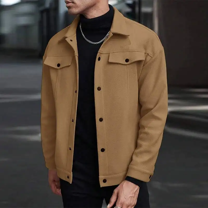 

New Luxury Businees Male Woolen Jackets Fashion Lapel Button-Down Solid Color Long Sleeve Coats Trendy High Quality Outerwears