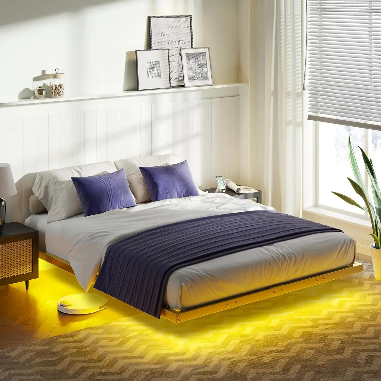 

Плавающая кровать-платформа с LED-подсветкой, сверхпрочная металлическая, без пружинного блока, бесшумная, золотая, на заказ