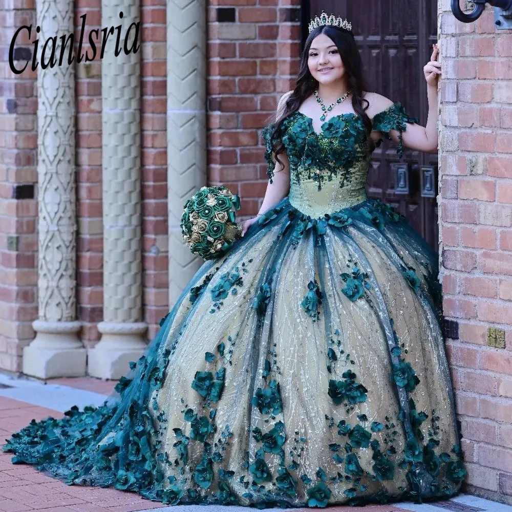 Green Quinceanera Dresses Off the Shoulder   Appliqued Beaded Ball Prom Gowns Sweet 16 Dress vestidos de 15 años