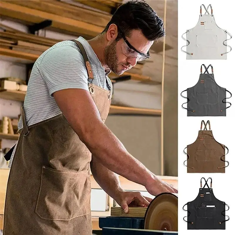 

Fashion Canvas Kitchen Chef Multi Pockets Work Aprons For Woman Men Bar Restaurant BBQ Cafe Milk Tea Shop Garden Studios Uniform