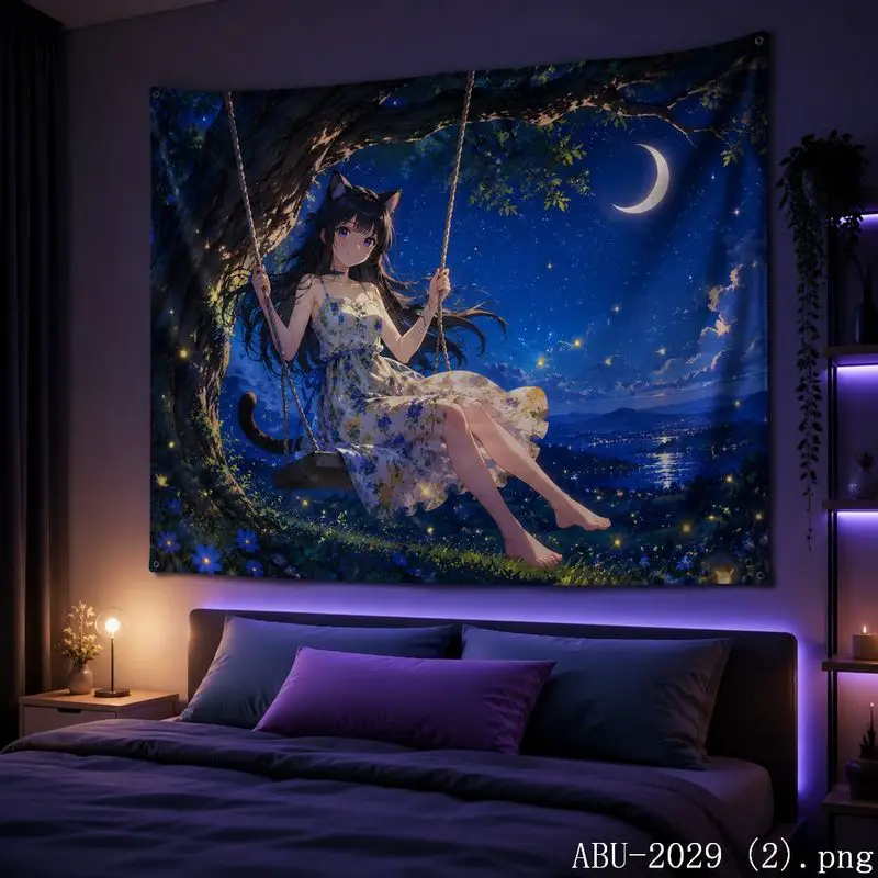 VIKAMA Starry Moon Anime Girl Aesthetic Tapestry Dreamy Galaxy Cartoon Wall Art Hanging Teen Dorm Bedroom Otaku Room Home Decor