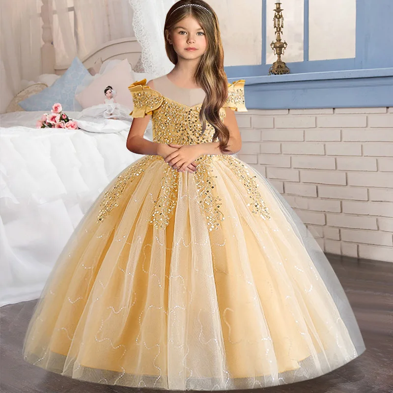 4-14 year old children\'s sleeveless embroidered evening dress girl baby birthday party sequin dress wedding flower child dress