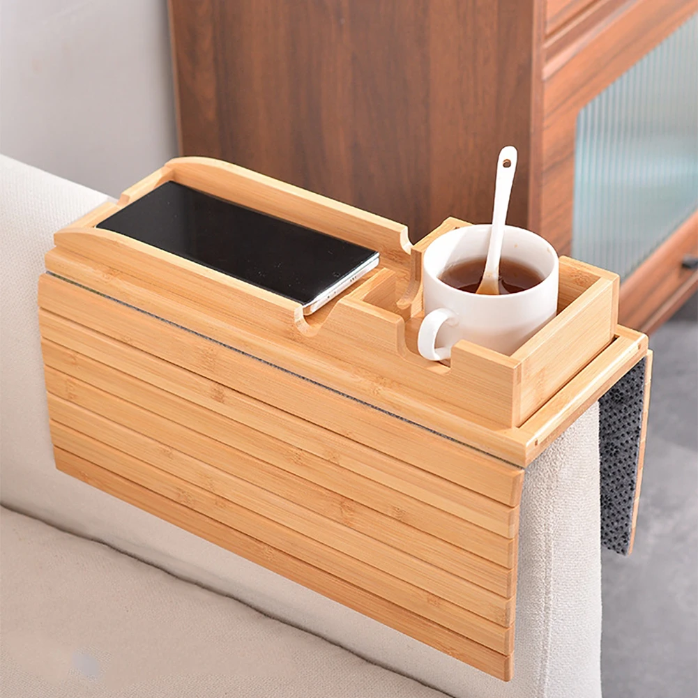 Sofa Arm Tray Foldable Wooden Sofa Armrest Tray 3 In 1 Anti-slip Couch Arm Tray With Detachable Couch Cup Holder Tray For Remote