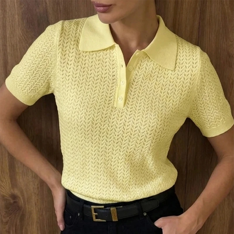 Hohles Strick-T-Shirt für Damen 2026 – Neues, lässiges, lockeres Revers-T-Shirt mit kurzen Ärmeln im angesagten Ins-Stil – Damenpullover, einfarbige Strickbluse für den Sommer