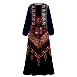 Letnie muzułmańskie Abayas sukienki z nadrukiem dubajskie luksusowe 2024 Femme islamskie z długim rękawem sukienka z okrągłym dekoltem S-3XL Ramadan sukienka Abaya