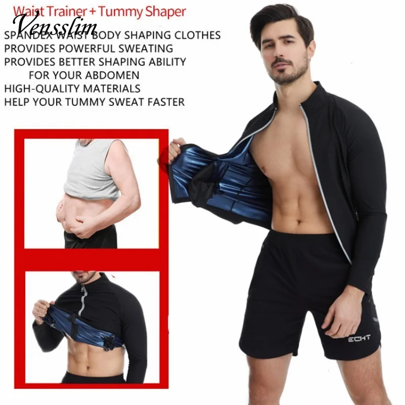 Men Sauna Suit Neoprene Sweat Jacket Workout Weight Loss Long Sleeve Vest Waist Trainer Body Shaper with Zipper Slimmming Tops