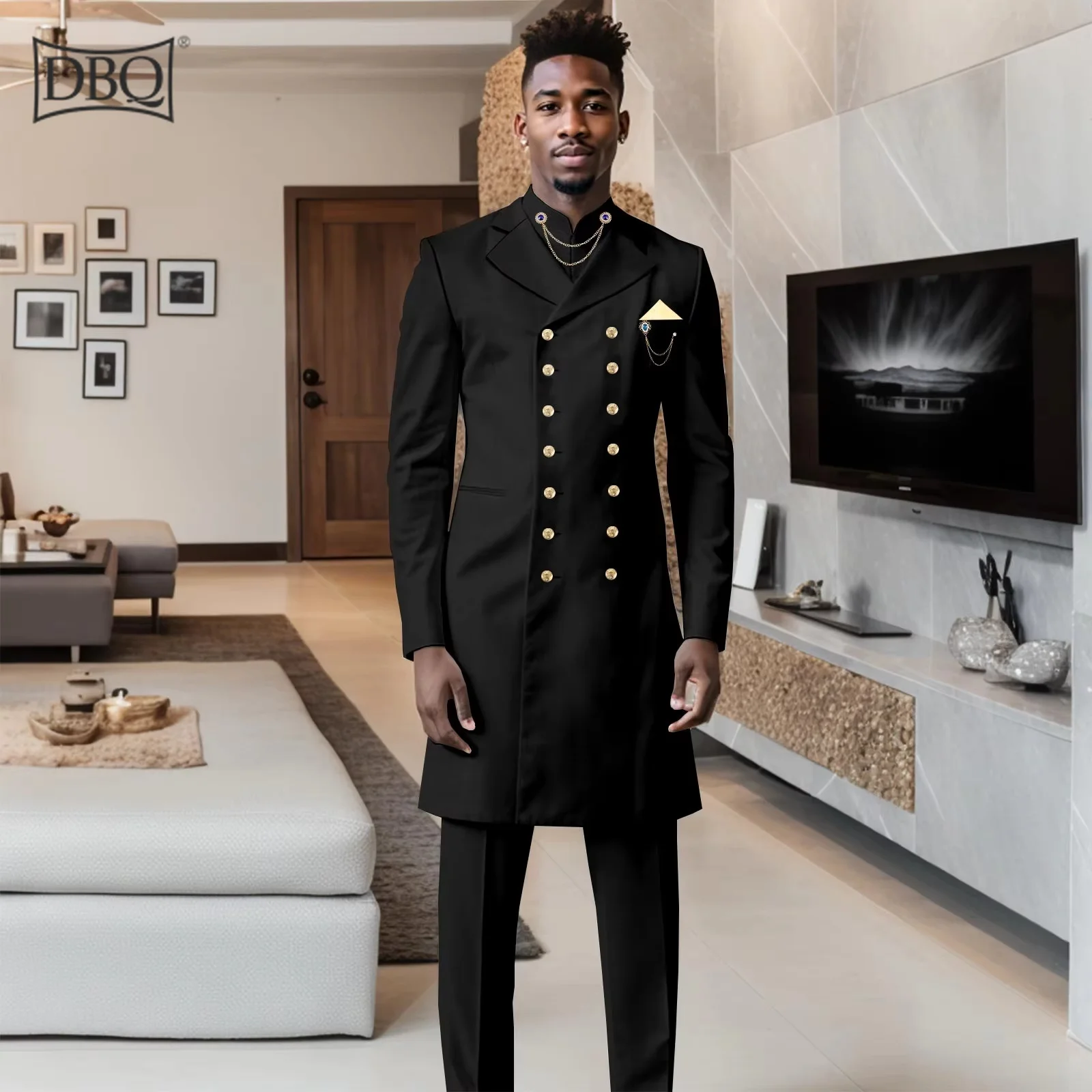 DBQ African Suits for Men Slim Fit Double Breasted Long Blazer and Trousers 2 Piece Set Traditional Outfits