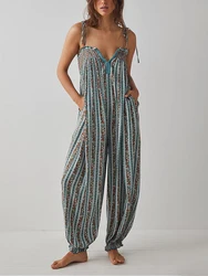 Tuta allentata floreale Boho da donna senza maniche con scollo a barchetta arricciata con cinturino a Spaghetti tuta ampia pagliaccetto lungo