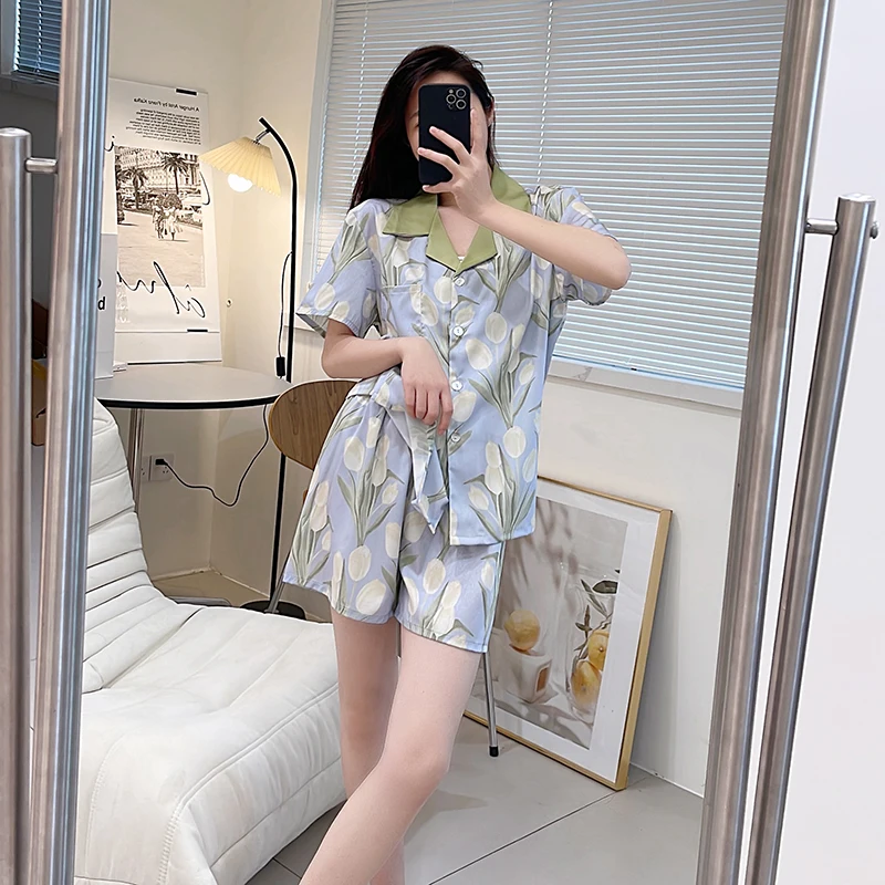 Women's Pajamas Set Satin Silk Pijamas Leaf Summer 2022 New Casual Turn-down Collar Sleepwear Short Sleeve+Shorts Nightwear
