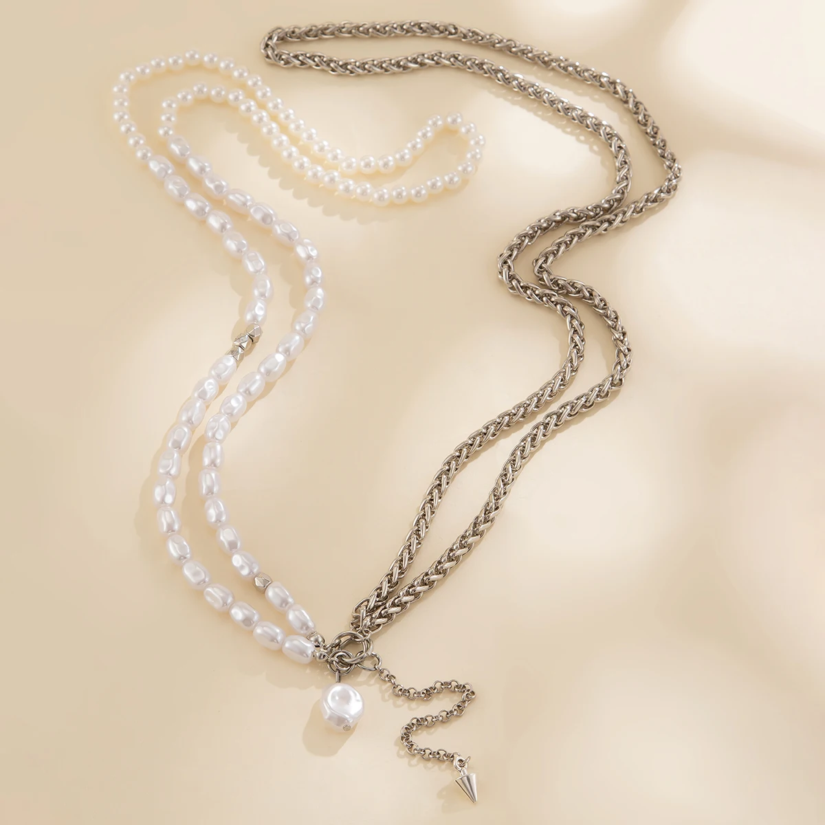 IngeSight.Z 2024 Simple Double Layer Long Chain Imitation Pearl Necklace Personality Punk Necklace Woman Neck Jewelry