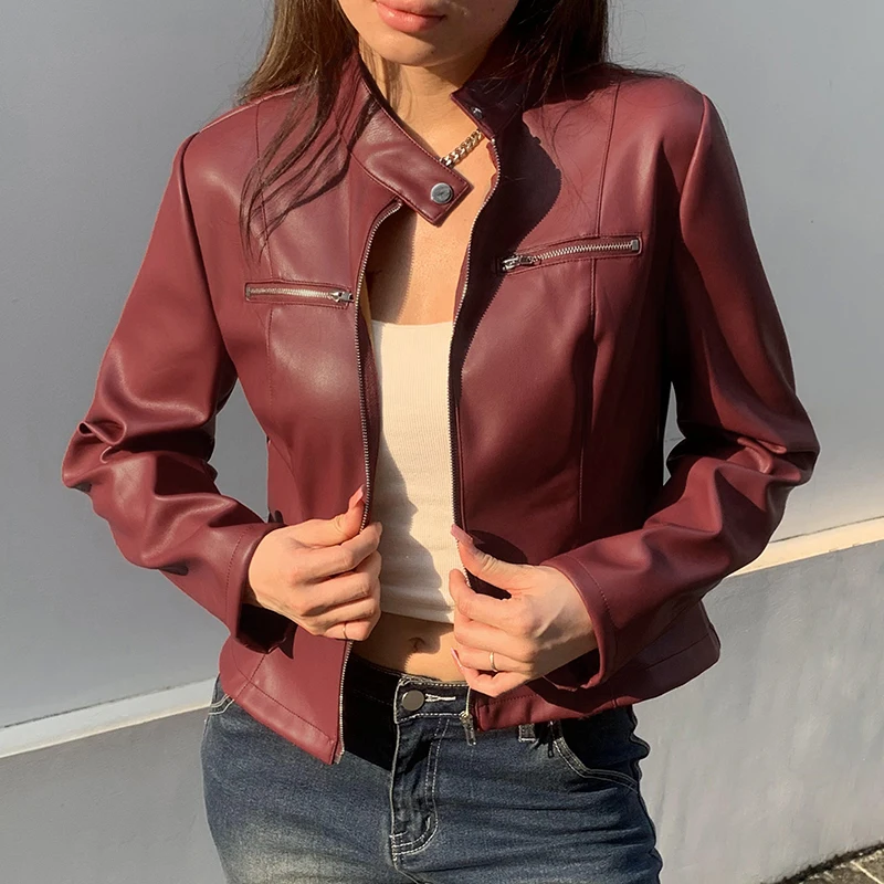 HEYounGIRL Fashion Autumn Faux Leather Jacket Vintage Red Casual Punk Style Zipper Pu Coat Streetwear Ladies Winter Outerwear