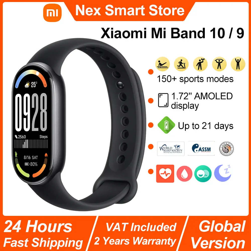Xiaomi Mi Band 10/9 Smart-Armband, 1,72 Zoll AMOLED-Display, Blutsauerstoff-Herzfrequenzüberwachung, 150+ Sportmodi, BT5.4 Smart Band