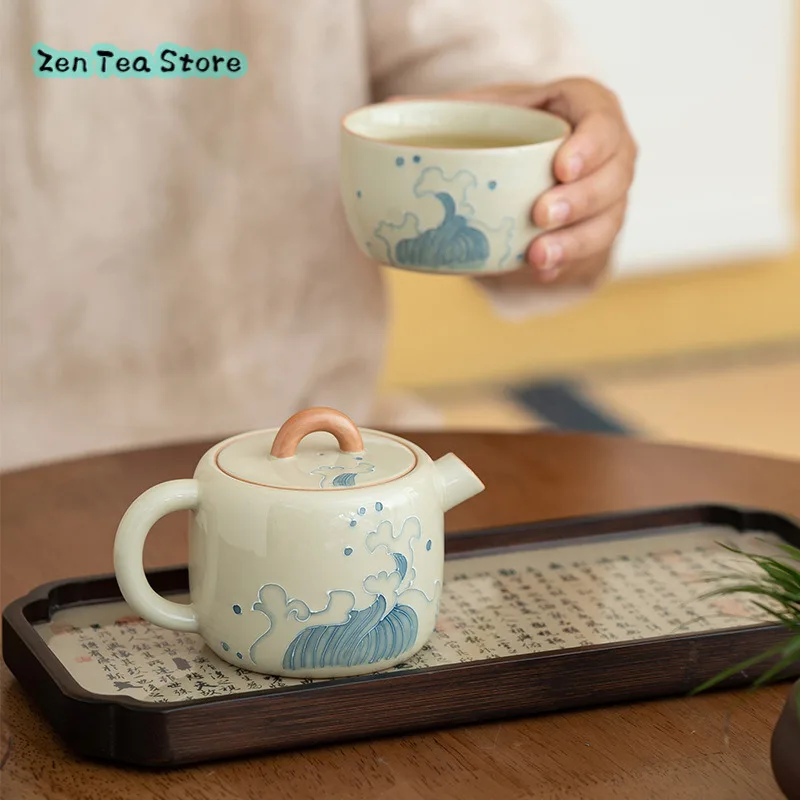 Ice Table Hand-painted Relief Wave Tea Pot A Large Set Of Home Tea Pot Tea Cup Kung Fu Tea Set