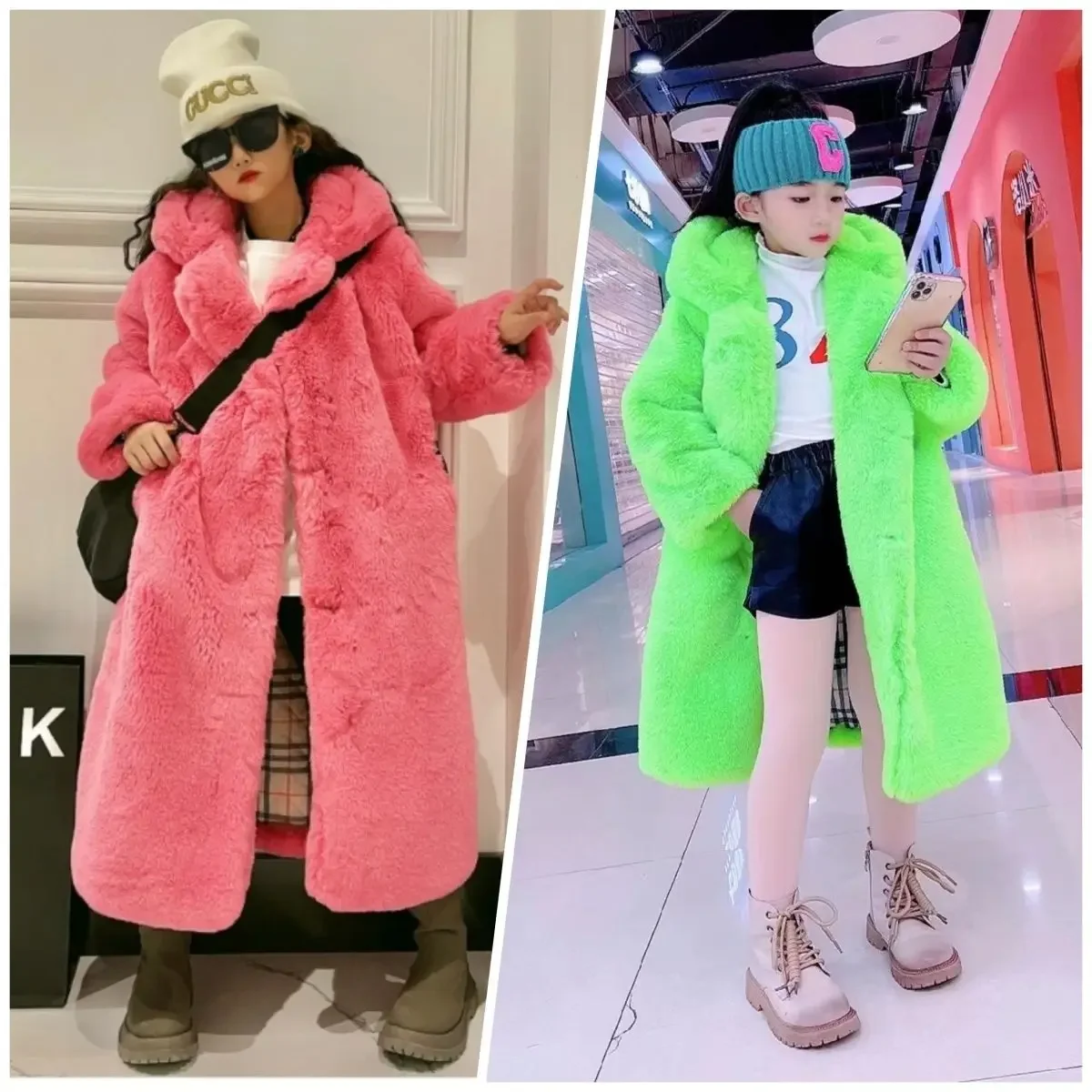 

2025 Girls Faux Fur Coat Winter Long Sleeve Warm Jacket Imitation Rabbit Fur Long Coat for Kids 4-15 Years Soft Outwear