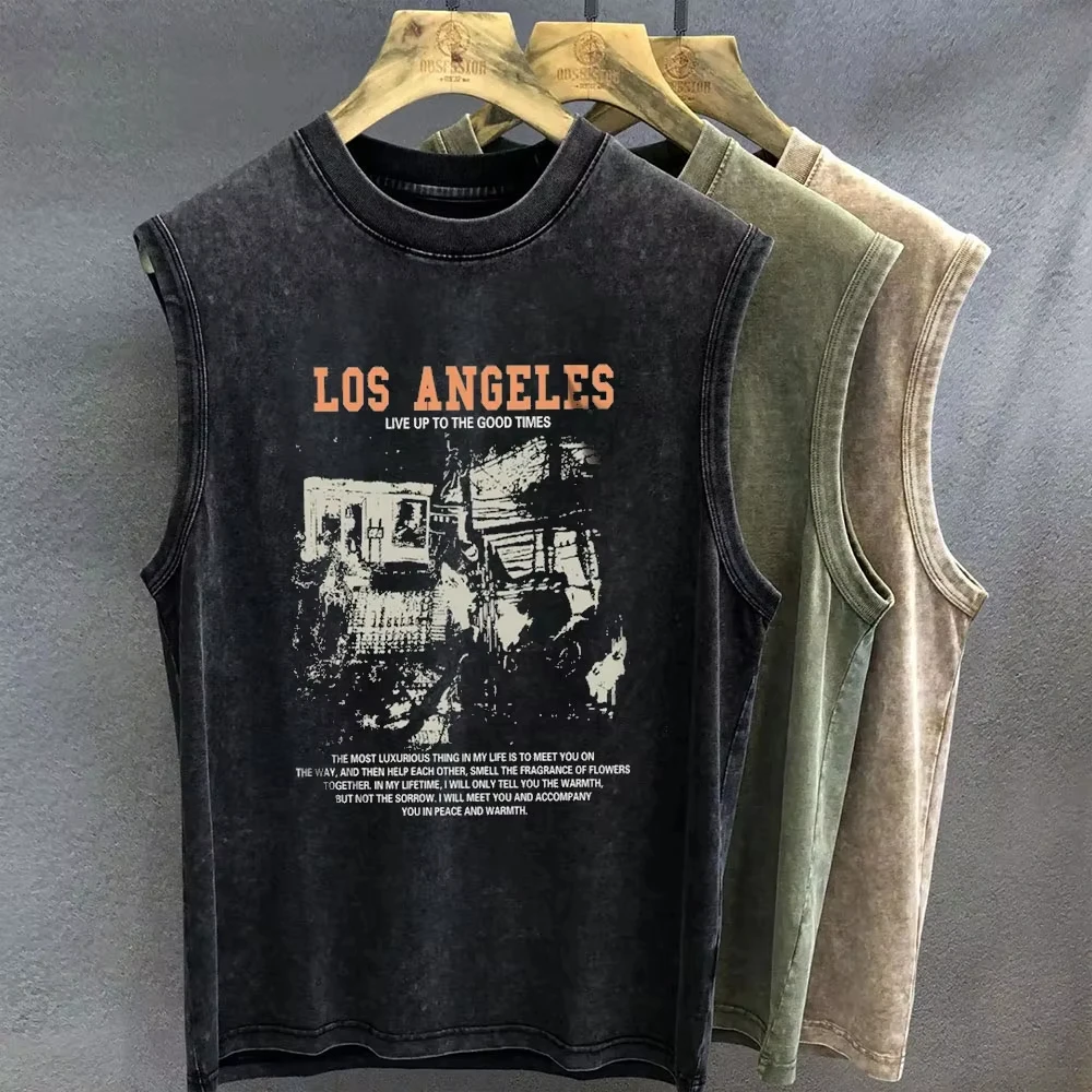 Gothic Graphic T Shirt for Men Vintage Washed Print Tank Tops Oversized Sleeveless Vest Woman Gym Y2k Clothes Streetwear Summer