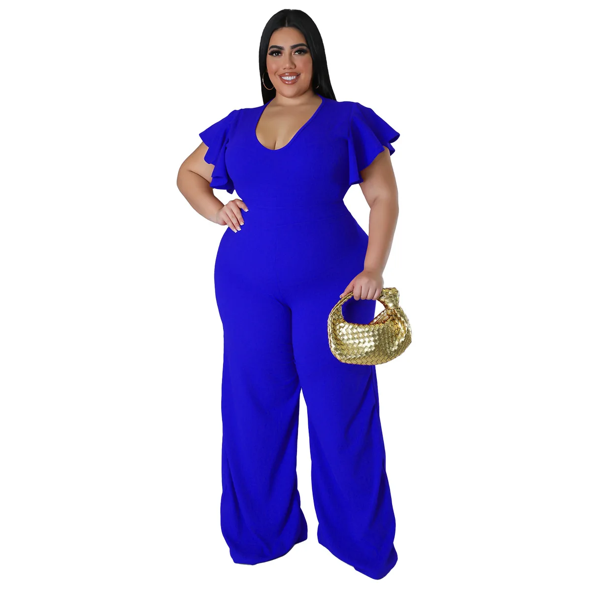 Big Size Loose Wide Leg Pants Fashion Women Jumpsuit V Neck Ruffles Short Sleeves Solid Elegant Office Lady Party Rompers 4XL