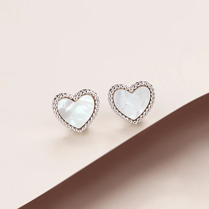 Stylish simple and versatile red agate love heart stud earrings s925 sterling silver white shell ear