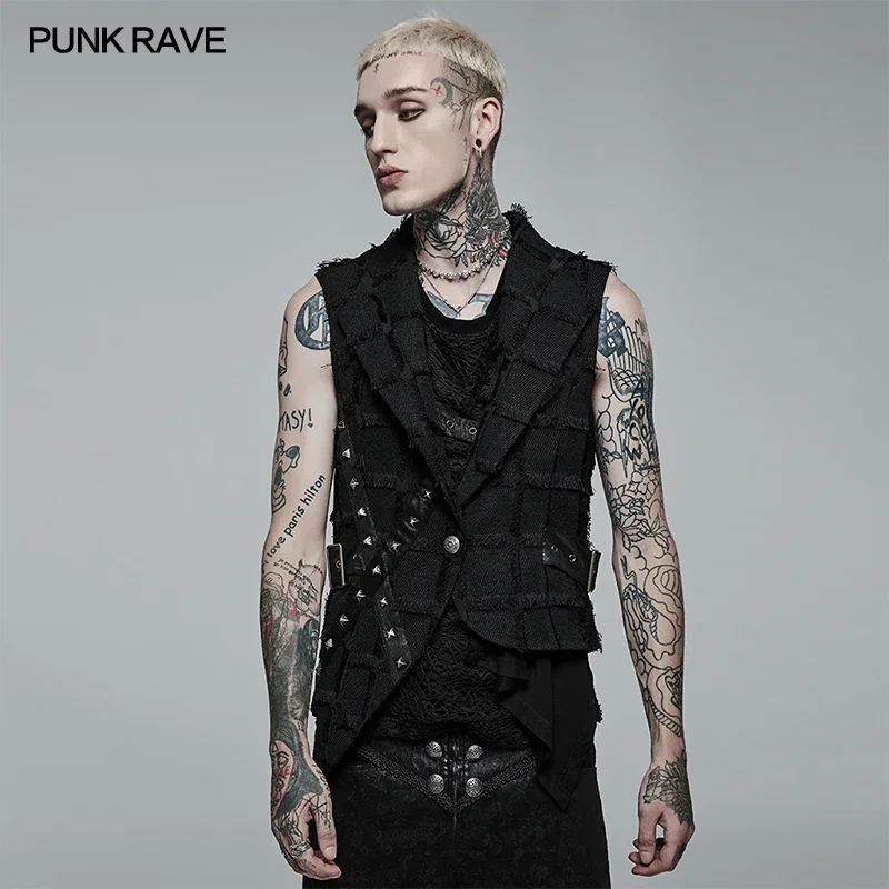 PUNK RAVE Men\'s Gothic Asymmetric Personality Twill Black Vest Casual Handsome Tank Top Back Hollow Out Design Four Seasons