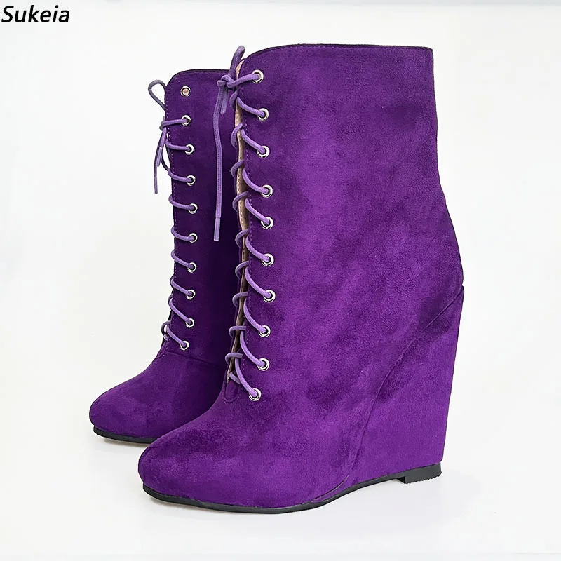

Sukeia New Fashion Women Winter Ankle Boots Suede Round Toe Wedges Heels Beautiful Purple Casual Shoes Ladies US Plus Size 5-20