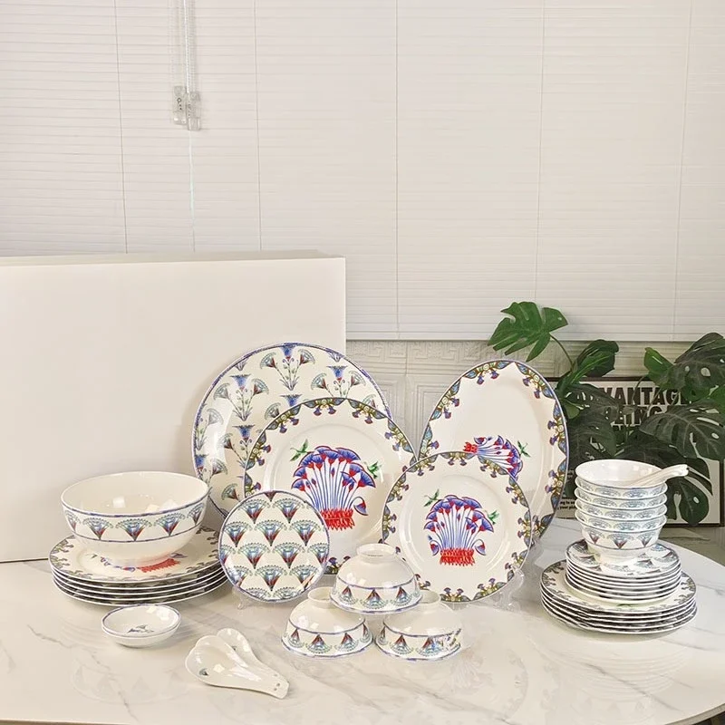 European-Style Bone China Household Light Luxury Floral Tableware Blue Lotus Series Set Ceramic Chinese And Western Tableware