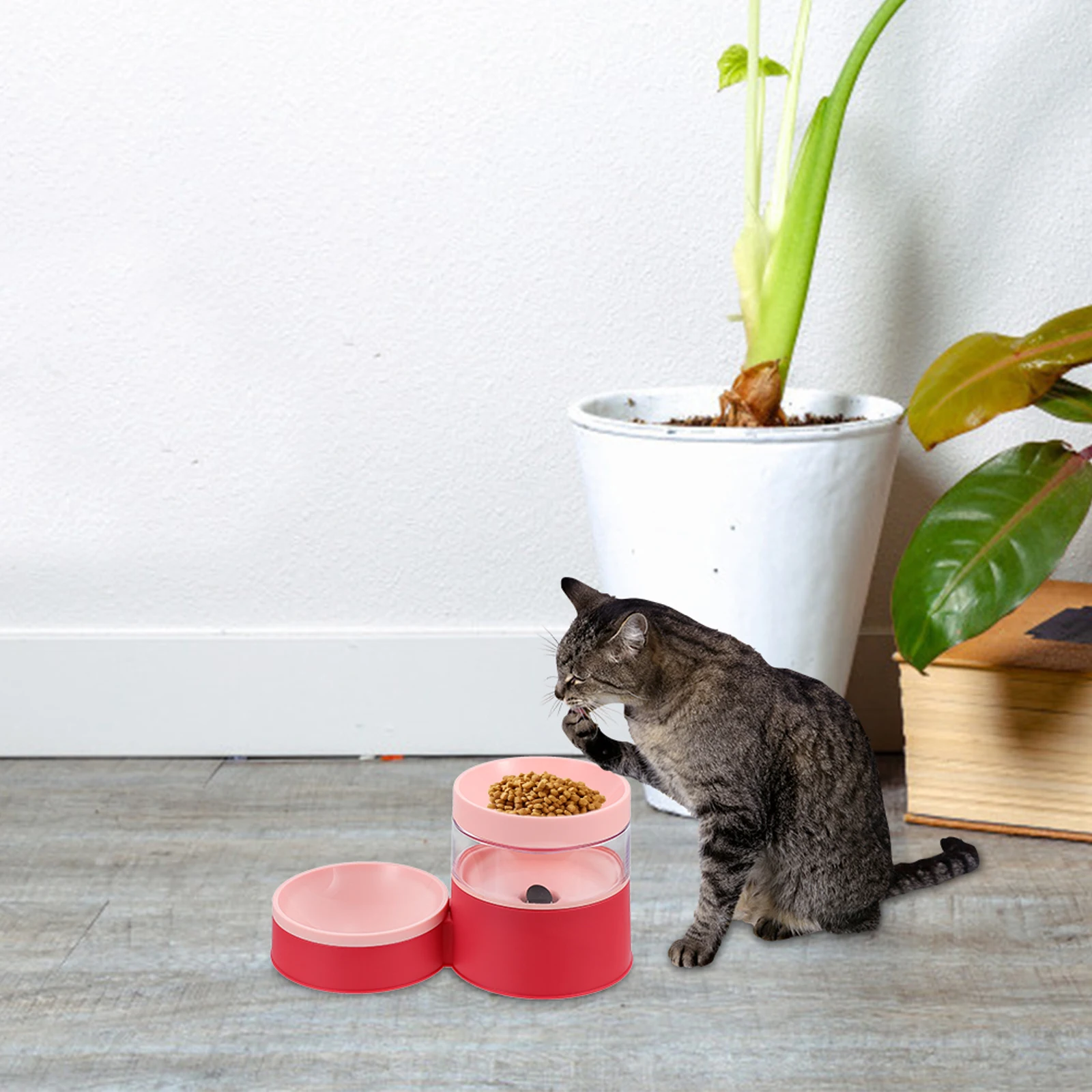 

2in1 Automatic Feeder Water Dispenser Raised Bowl Red ABS PP Non Slip Durable Pet Water Dispenser Pet Supplies