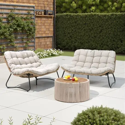 

Outdoor Loveseat 2PCS, Patio Conversation Set, All-Weather Boho Rattan Patio Furniture with Soft Cushion for Balcony