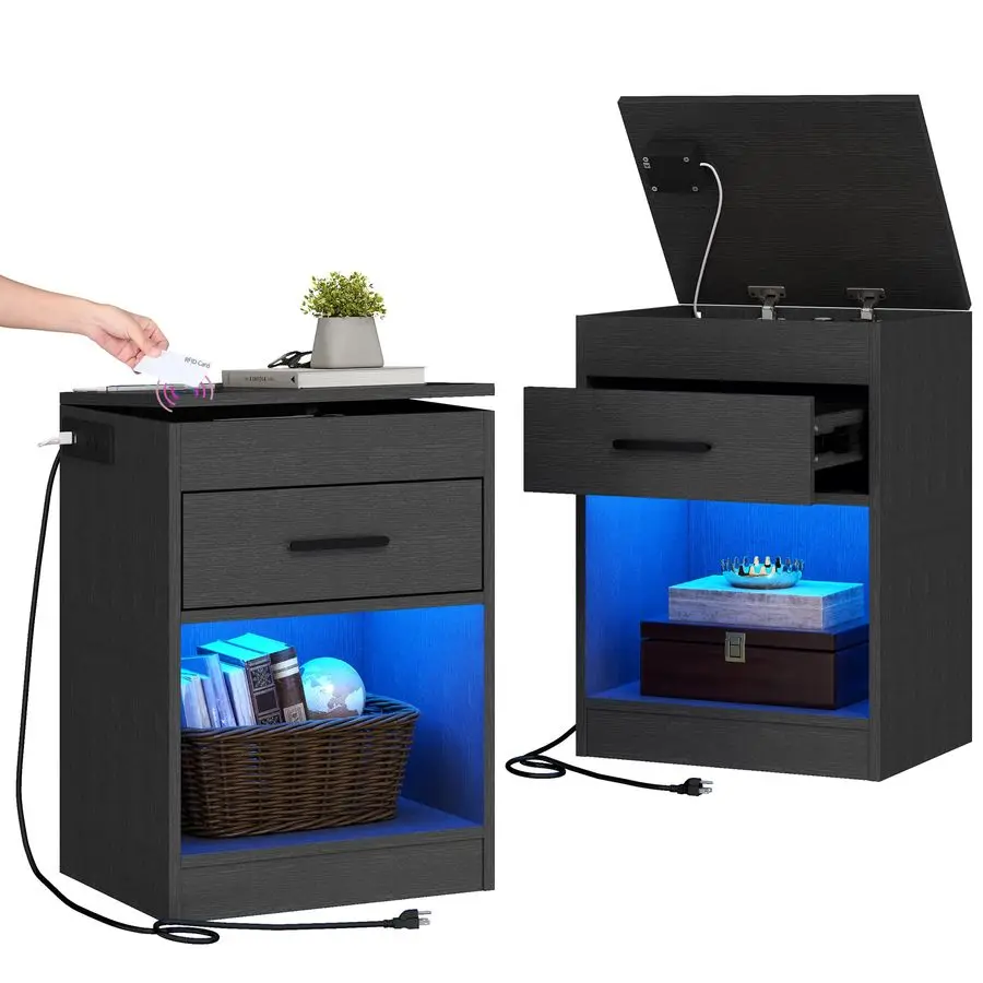 

Set of 2 Nightstand with Charging Station and LED Lights, Bedside Table with Hidden Compartment for Valuables Storage, Concealm