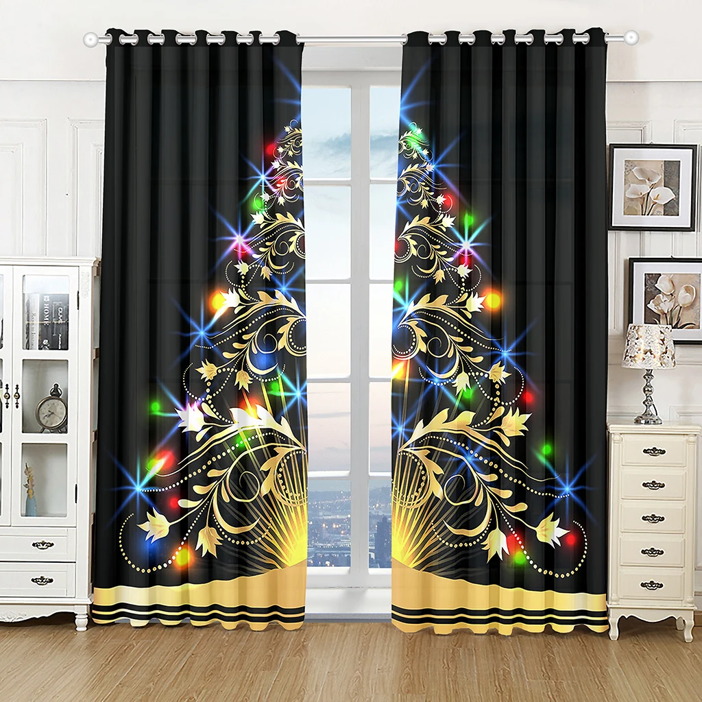 Cartoon Christmas Happy New Year Star Red Ball Kids Window Curtains Blinds for Living Room Bedroom Kitchen Door Home Decor 2Pcs