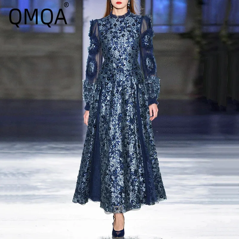 

QMQA Fashion Women's Dress Perspective Lantern Long Sleeved Sequin Three-dimensional Flower Big Swing Elegant Dresses 2025 QM315